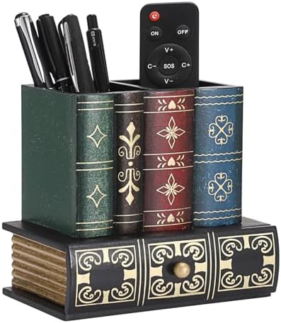 Antique Book Pencil Holder for Desk, Wooden Pen Cup with Drawer