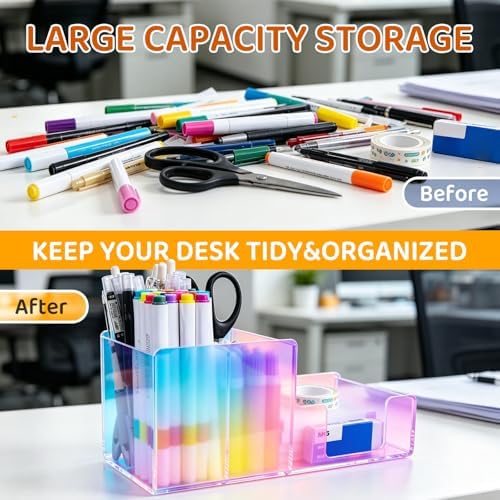 Iridescent Acrylic Desk Organizer with 3 Compartments - Clear Pencil