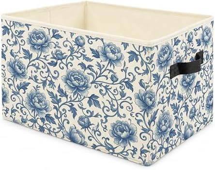 Chinoiserie Floral Storage Bins with Handles, Vintage Blue and White