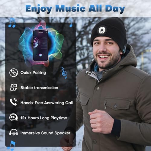 Bluetooth Beanie with Light, USB-C Charging 5 LED Flashlight Hat