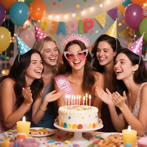 Atoden Birthday Girl Sash Glitter Headband Tiara Crown Sunglasses Pink