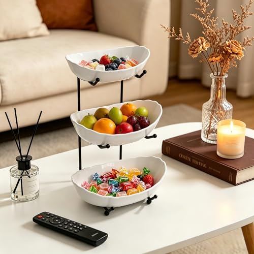 Ceramic Fruit Bowl for Kitchen Counter - 3 Tier Modern Fruit Basket