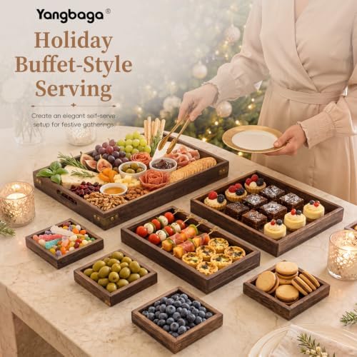Wood Serving Tray with Handle, Set of 7 Nesting Rectangular Trays for