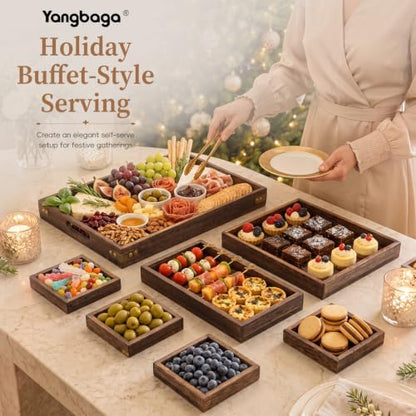 Wood Serving Tray with Handle, Set of 7 Nesting Rectangular Trays for