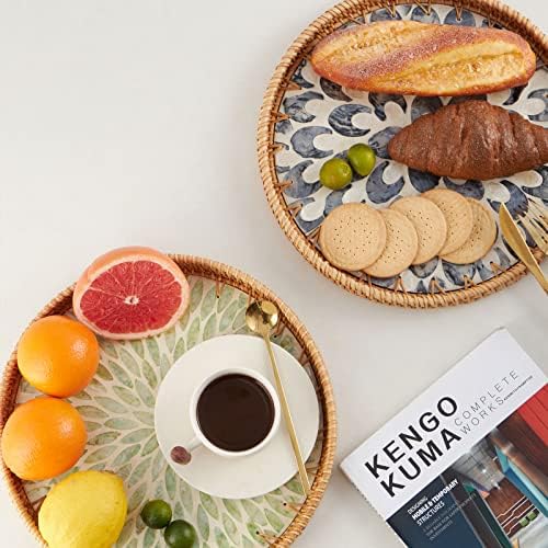 Round Rattan Tray with Mother of Pearl Inlay, Rattan Serving Tray with