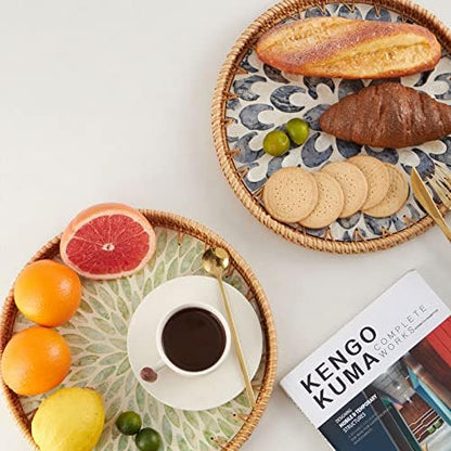 Round Rattan Tray with Mother of Pearl Inlay, Rattan Serving Tray with