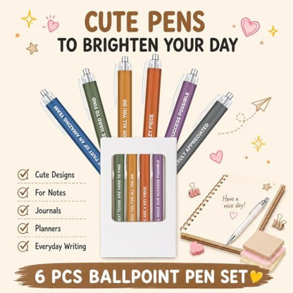 6-Piece Appreciation Pen Set, Motivational Ballpoint Pens for