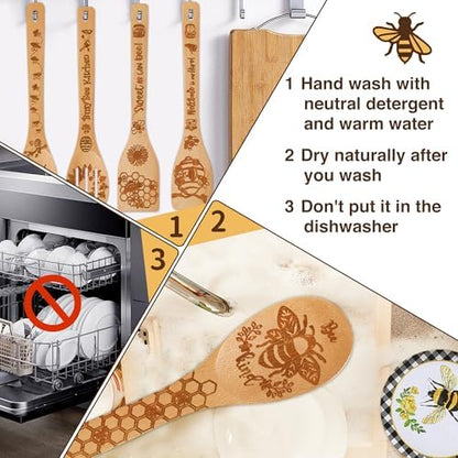 6 PCS Bee Wooden Cooking Bamboo Spoons Set,Bumble Bee Kitchen Utensil