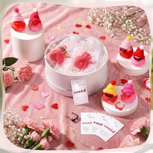 Liliful 24 Sets Pink Red Rubber Ducks with Knit Hat Sunglasses Card