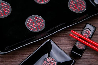 4 Pcs Japanese Sushi Plate Dinnerware Set Black With Chinese Double
