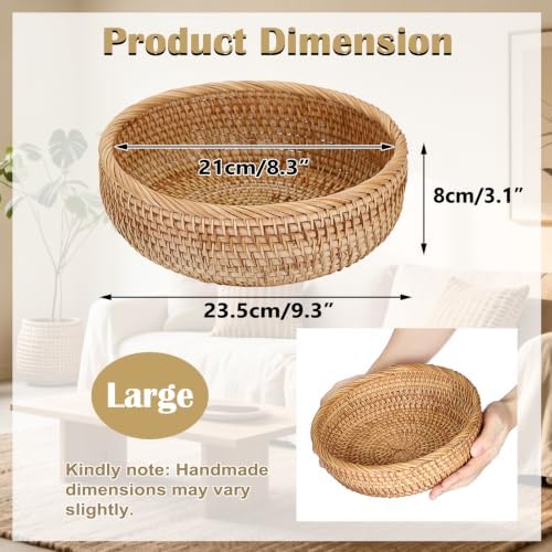 BTSKY 9.3" Round Rattan Remote Basket, Wicker Tray, Key Bowl for Home