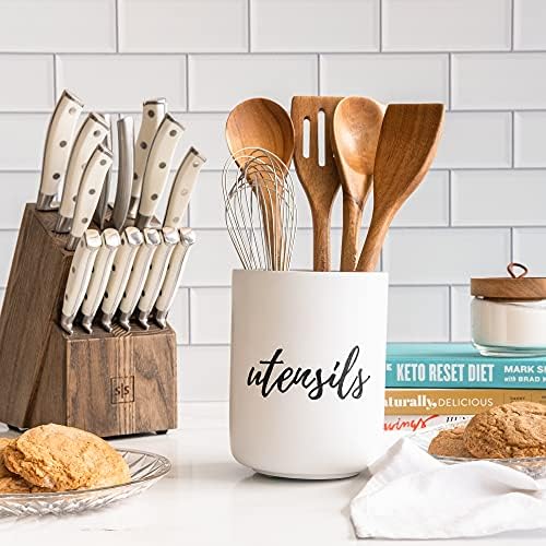 STYLED SETTINGS White Utensil Holder for Countertop, White & Silver