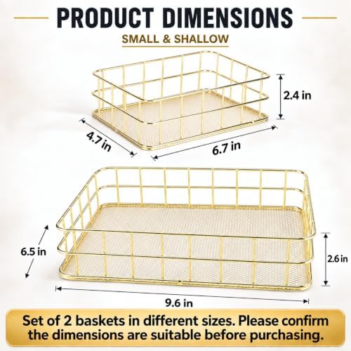 2-Size Gold Metal Wire Basket Tray, Countertop & Desk Organizer for