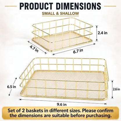 2-Size Gold Metal Wire Basket Tray, Countertop & Desk Organizer for