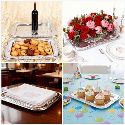 6 Packs Silver Serving Trays, 13.8" x 8.7" Bow Floral Engraved Mirror