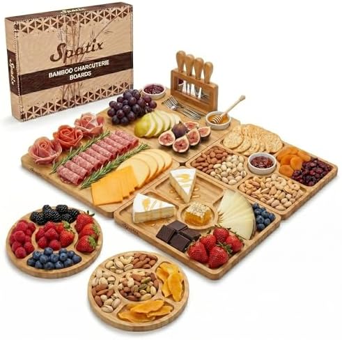 Large Bamboo Charcuterie Board Set, Cheese Board Gift Set & Knives