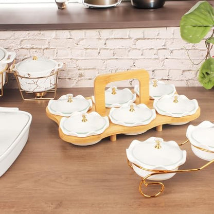 Ceramic Serving Dishes with glass Lids and Bamboo Platter, 6 Removable