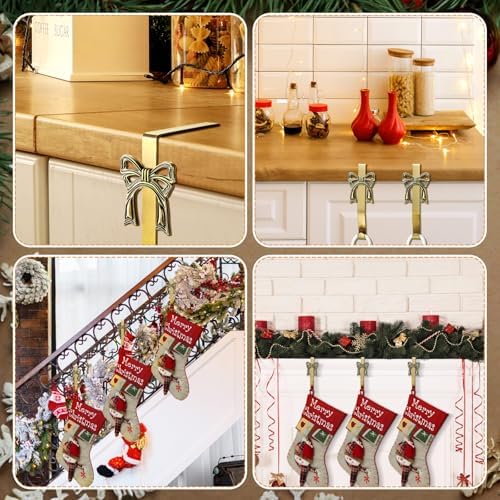 6 Pcs Brass Bow Christmas Stocking Holder, Vintage Mantle Hooks