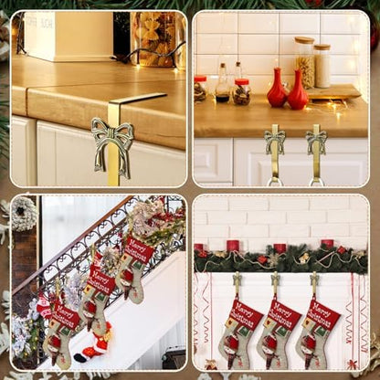 6 Pcs Brass Bow Christmas Stocking Holder, Vintage Mantle Hooks