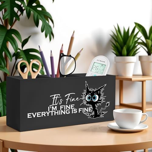 Funny Cute Black Cat Pencil Pen Holder for Desk, I'm Fine Everything