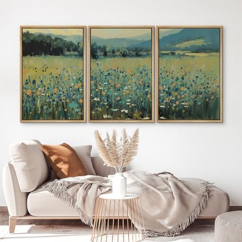 IDEA4WALL Framed Canvas Print Wall Art Set Blooming Wildflower Meadow
