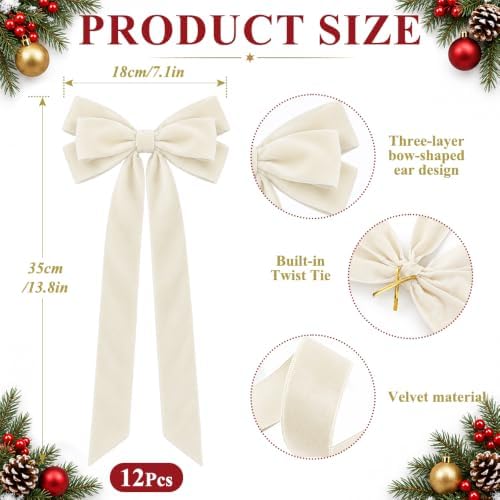 JOICEE 12Pcs Beige Velvet Bows Ornaments for Christmas Tree Decor