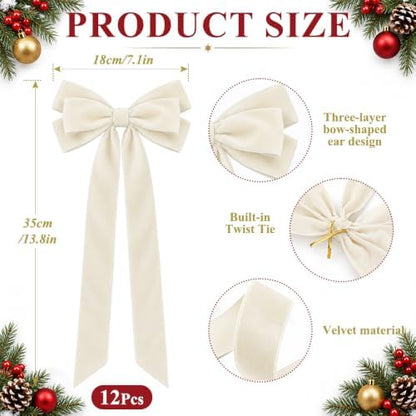 JOICEE 12Pcs Beige Velvet Bows Ornaments for Christmas Tree Decor
