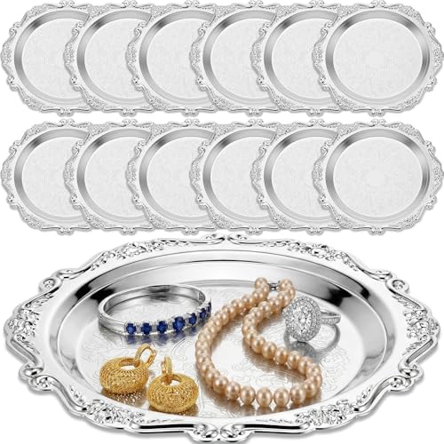 12 Pcs Vintage Silver Tray Indian Pooja Return Gift, Round Silver