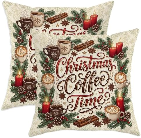 Christmas Coffee Time Quote Mug Throw Pillow Covers 12x12 Set of 2
