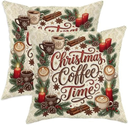 Christmas Coffee Time Quote Mug Throw Pillow Covers 12x12 Set of 2