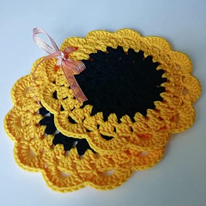 Crochet Coasters Handmade Set of 2 Decorated Cotton doilies Sunflower