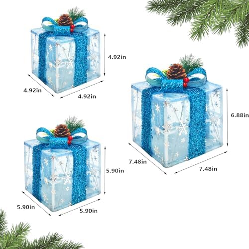 Set of 3 Snowflake Lighted Boxes, Blue