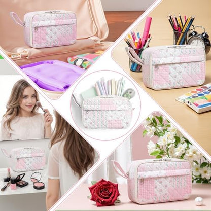 WOBAGMEN Quilted Pencil Pouch for Girls Women, Large Pencil Case Pouch