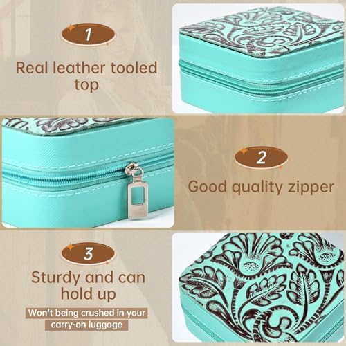 DEEKA Western Jewelry Box Case Real Leather Turquoise and Brown