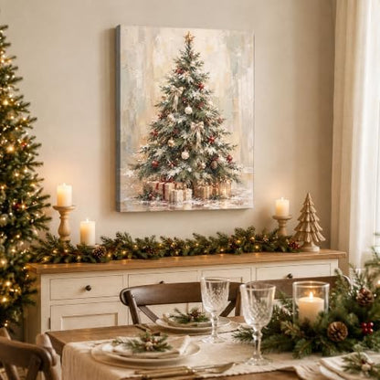 Christmas Canvas Wall Art, Snowy Christmas Tree Gift Boxes Canvas