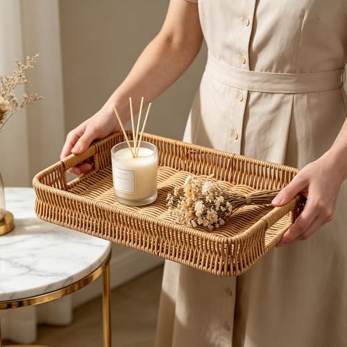 2pcs Woven Baskets Serving Trays with Handles, Rectangular Decorative
