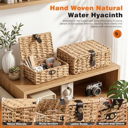 Storage Boxes with Lids, Set of 2 Water Hyacinth Wicker Baskets