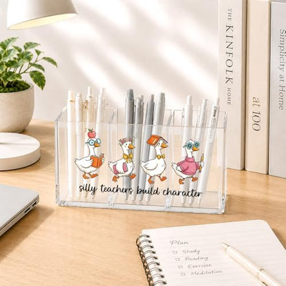 Silly Teachers Build Character Acrylic Pen Holder for Desk, Cute Goose