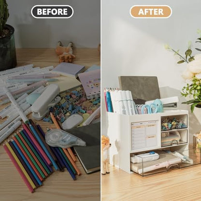 QIYVLOS Desk Organizer with 3 Drawer, Multi-Functional Pencil Pen