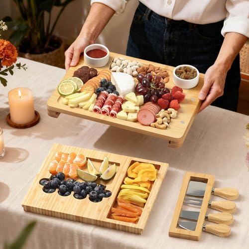 Bamboo Charcuterie Board Set with 4 Cheese Knives, Serving Platter