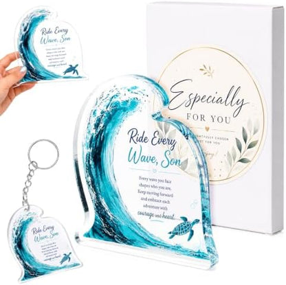 Son Gifts From Mom, Inspirational Wave Acrylic Plaque with Keychain