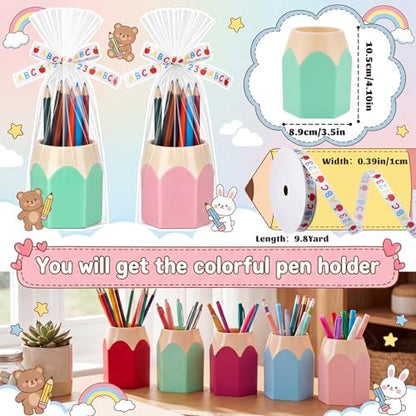12 Set Pencil Shaped Pen Holders with Gift Bags & Ribbon, Cute Desktop