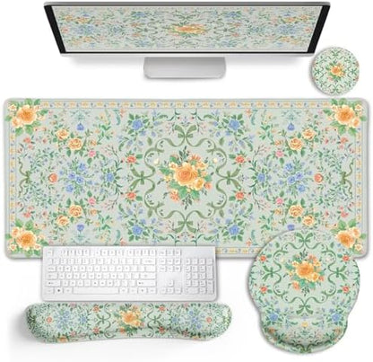 LIMKRIAN Floral Desk Mat Set, Cute Green Mouse Pad with Gel Wrist Rest