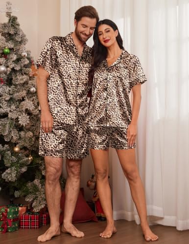 Ekouaer Couple Matching Pajamas Sets Silk Short Sleeve Button Up