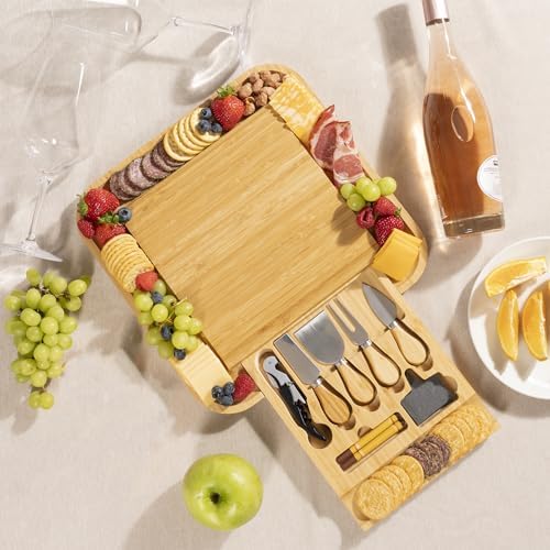 Cheese Board Gift Set with Built-in Storage Drawer, Bamboo Charcuterie