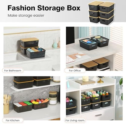 Ohmlove 6 Pack Plastic Storage Baskets with Bamboo Lids for