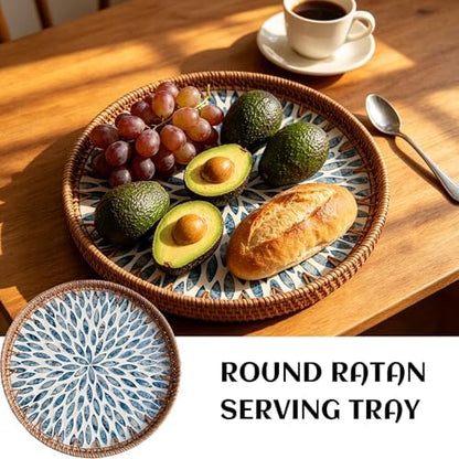 Mother of Pearl Tray Round Rattan Tray with Mother of Pearl Inlay