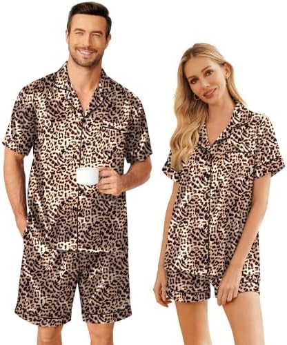 Ekouaer Couple Matching Pajamas Sets Silk Short Sleeve Button Up