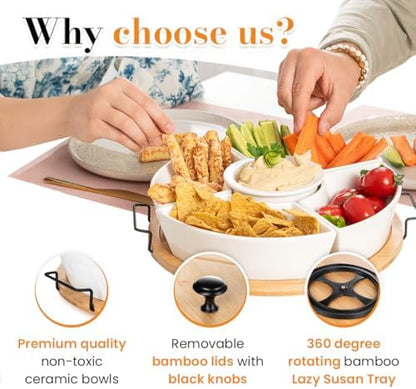 Chip and Dip Serving Set | Rotating Bamboo Lazy Susan Appetizer Tray