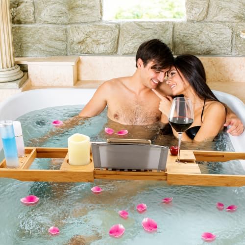Bamboo Bathtub Caddy Tray with Book/Tablet & Wine Glass Holder